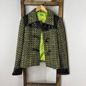 United Colors of Bennetton Green Tweed Jacket with Black Leather Accents Size 46